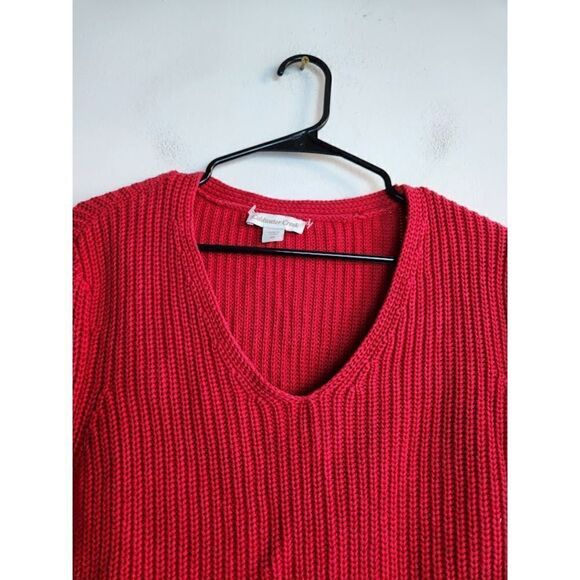 Coldwater Creek Women Red Cotton Chunky Cable Knit V-Neck Sweater size 2X - Picture 4 of 9